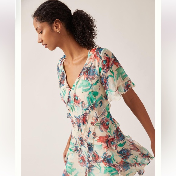 Anthropologie Soft Printed Mini Dress Size S Flutter Sleeves Watercolor Floral - Picture 4 of 12